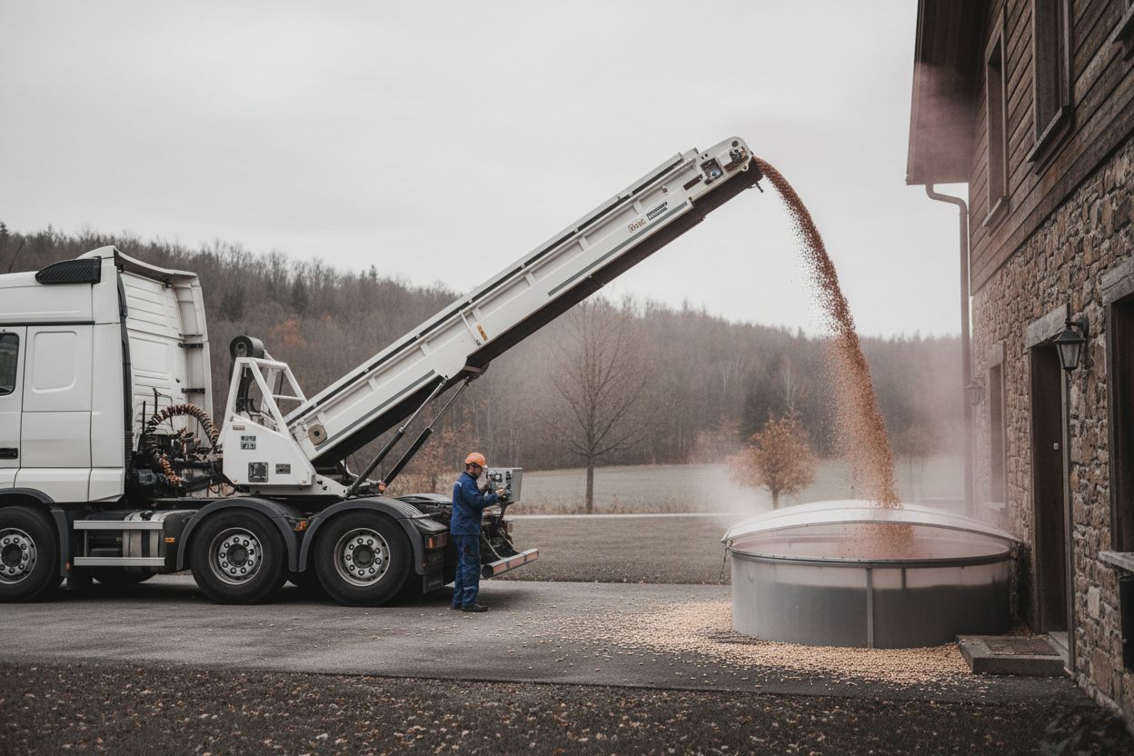 Le prix des pellets va-t-il baisser ? Analyse 2026 et conseils pour acheter au bon moment 3 Camion de livraison de granulés de bois devant une maison