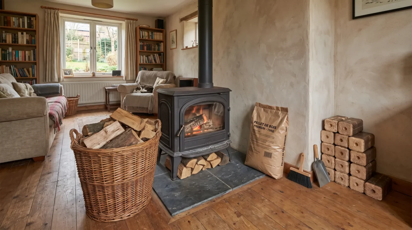 Pourquoi le bois énergie reste une solution de chauffage durable 2 Dans un salon, un poêle à bois est accompagné d’un panier de bûches, d’un sac de granulés et de bûches densifiées.