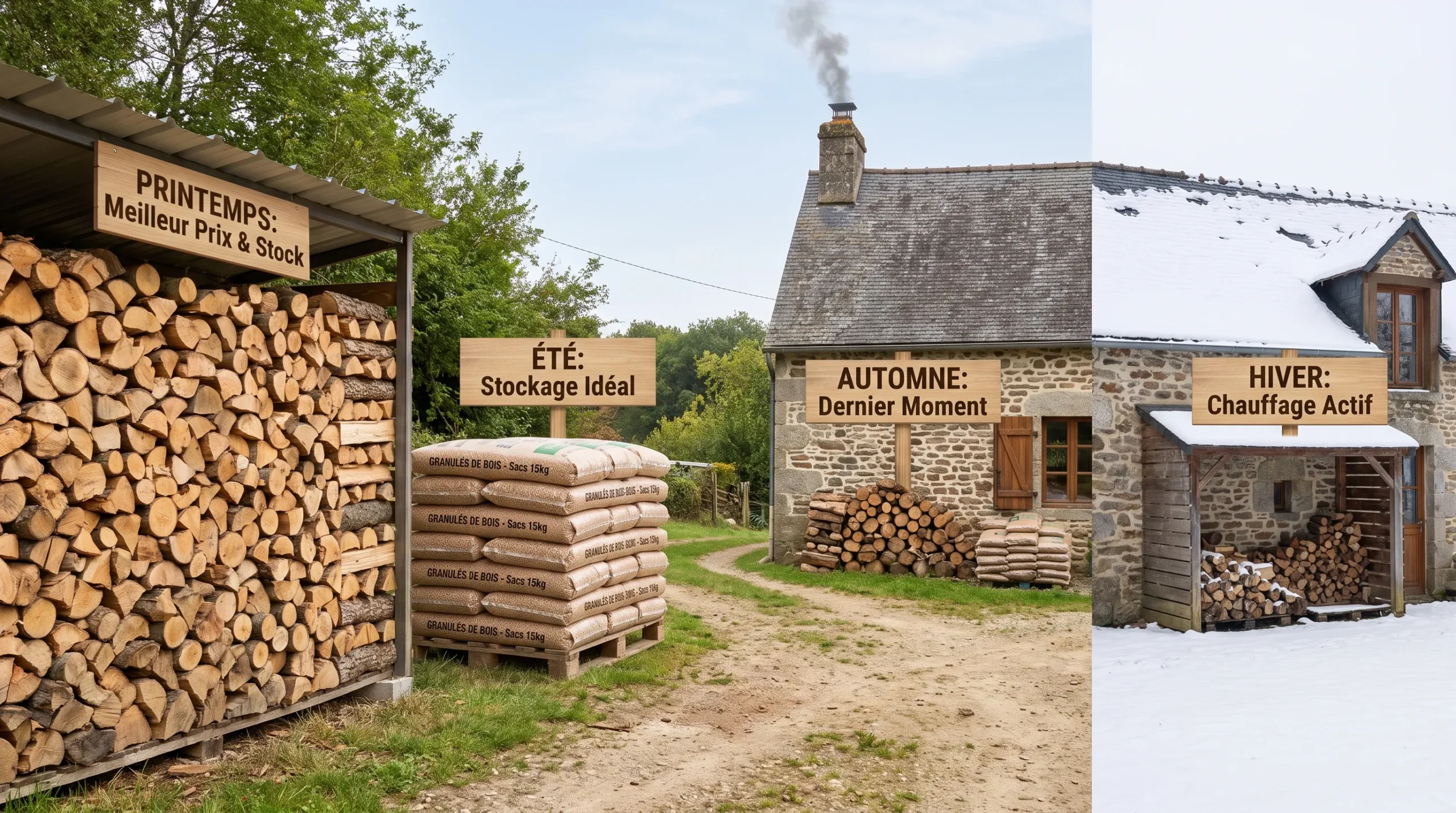 Des bûches empilées, des sacs de granulés et une maison chauffée au bois illustrent les périodes d’achat favorables dans l’année.