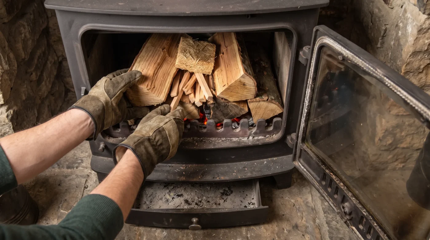 Comment choisir le meilleur bois de chauffage pour votre foyer 11 Des mains rangent des bûches et du petit bois dans le foyer ouvert d’un poêle à bois pour préparer l’allumage.