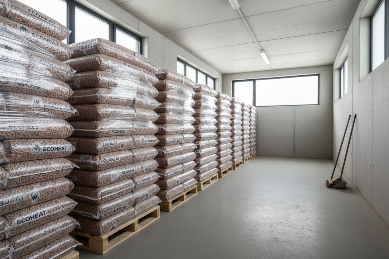 Prix des pellets : le guide pour payer le juste prix en 2026 2 Sacs de pellets empilés dans un espace de stockage