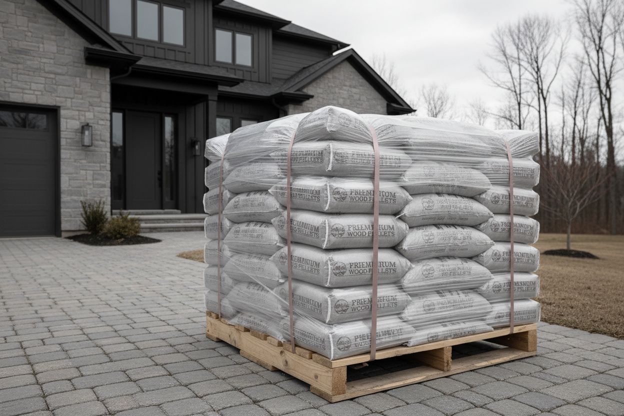 Prix des pellets : le guide pour payer le juste prix en 2026 3 Palette de sacs de pellets livrée devant une maison