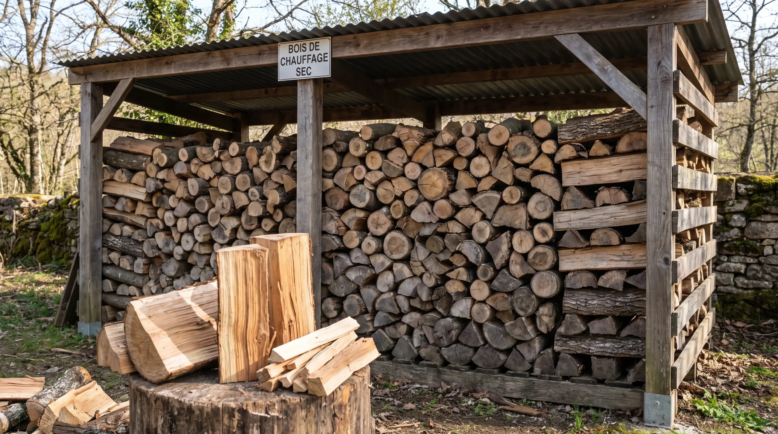 Comment choisir le meilleur bois de chauffage pour votre foyer 2 Pile de bûches sèches de feuillus durs rangées sous un abri ventilé, avec quelques bûches fendues au premier plan pour choisir un bois de chauffage adapté.