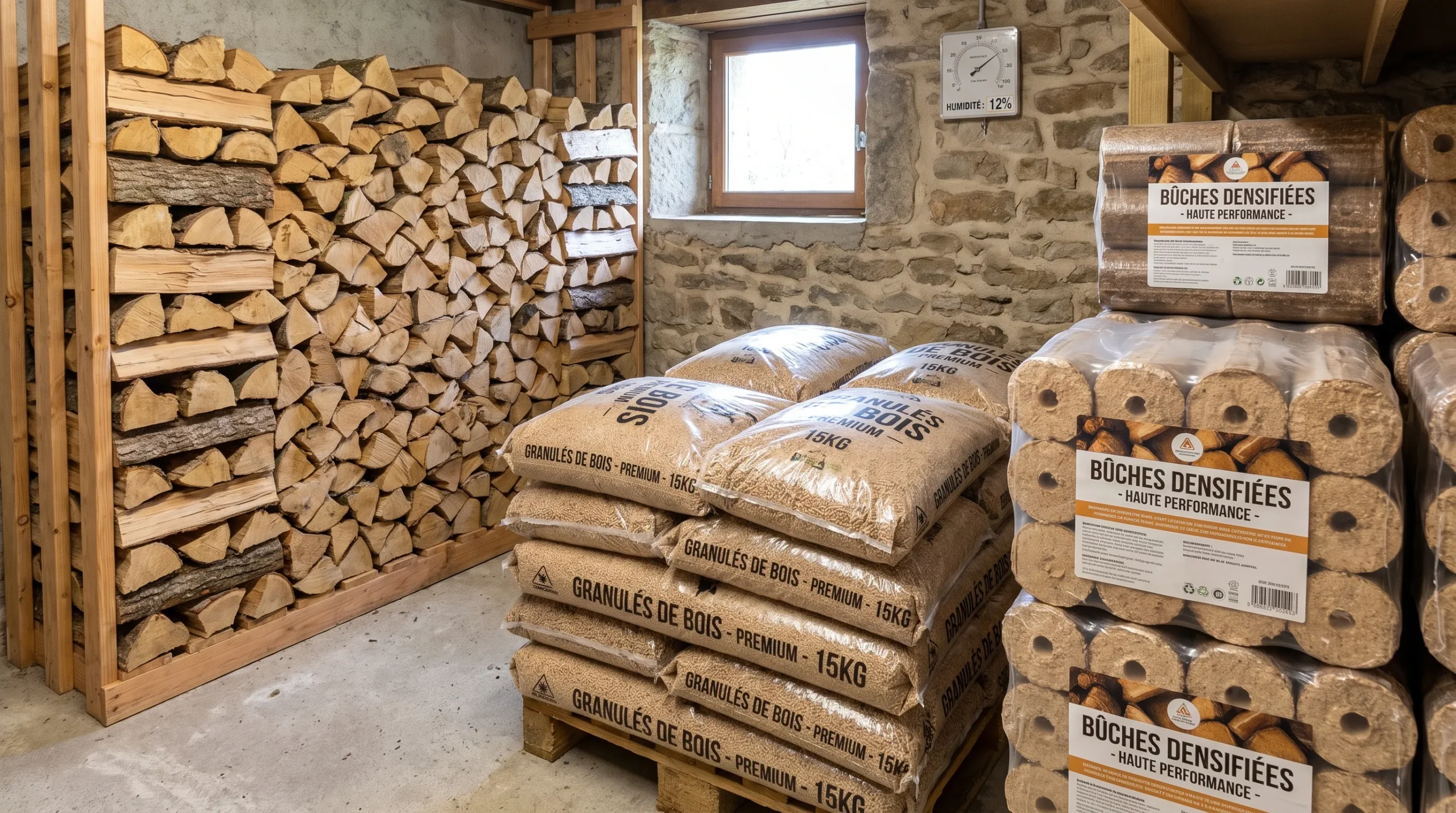 Un espace de stockage domestique montre des bûches sèches, des sacs de granulés et des bûches densifiées bien rangés.