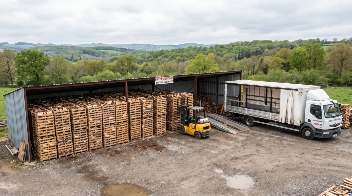 Quand le prix du bois est-il le plus avantageux ? 1 Une cour de bois de chauffage avec des palettes de bûches, un chariot élévateur et un camion de livraison en attente.