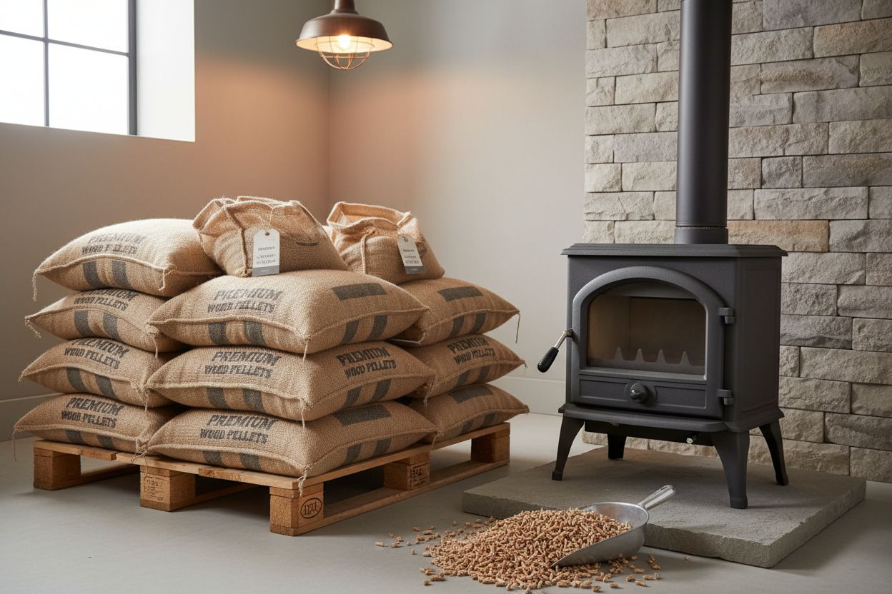 Prix des pellets : comprendre les tarifs, les écarts et le meilleur moment pour acheter 3 Sacs de granulés de bois rangés près d’un poêle